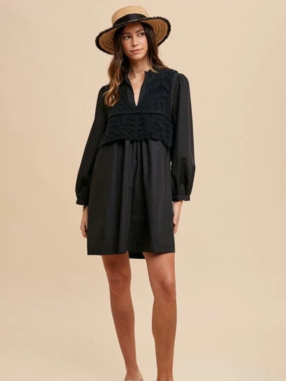NWT Anniewear Crochet Overlay Long Sleeve Babydoll Tunic Dress Size M